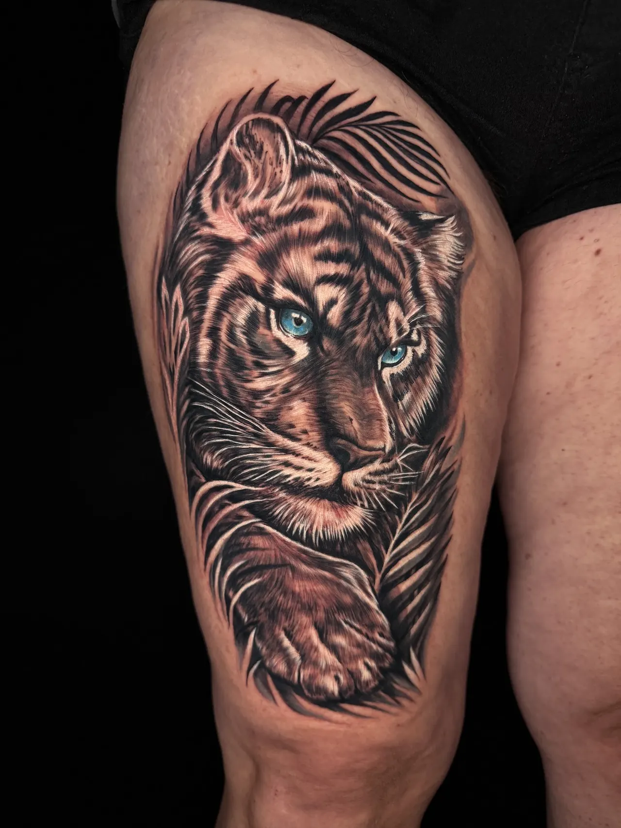 Realistic tiger face tattoo with blue eyes, on a thigh